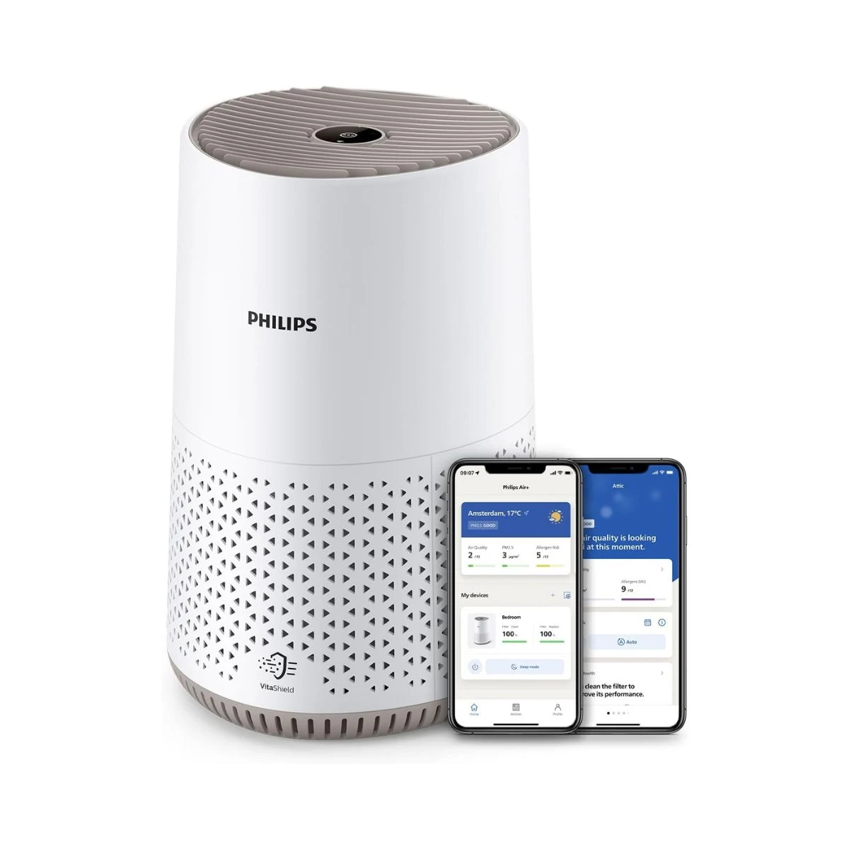 Purificador de aire Philips Serie 600i blanco con aplicación Air Plus en dos móviles