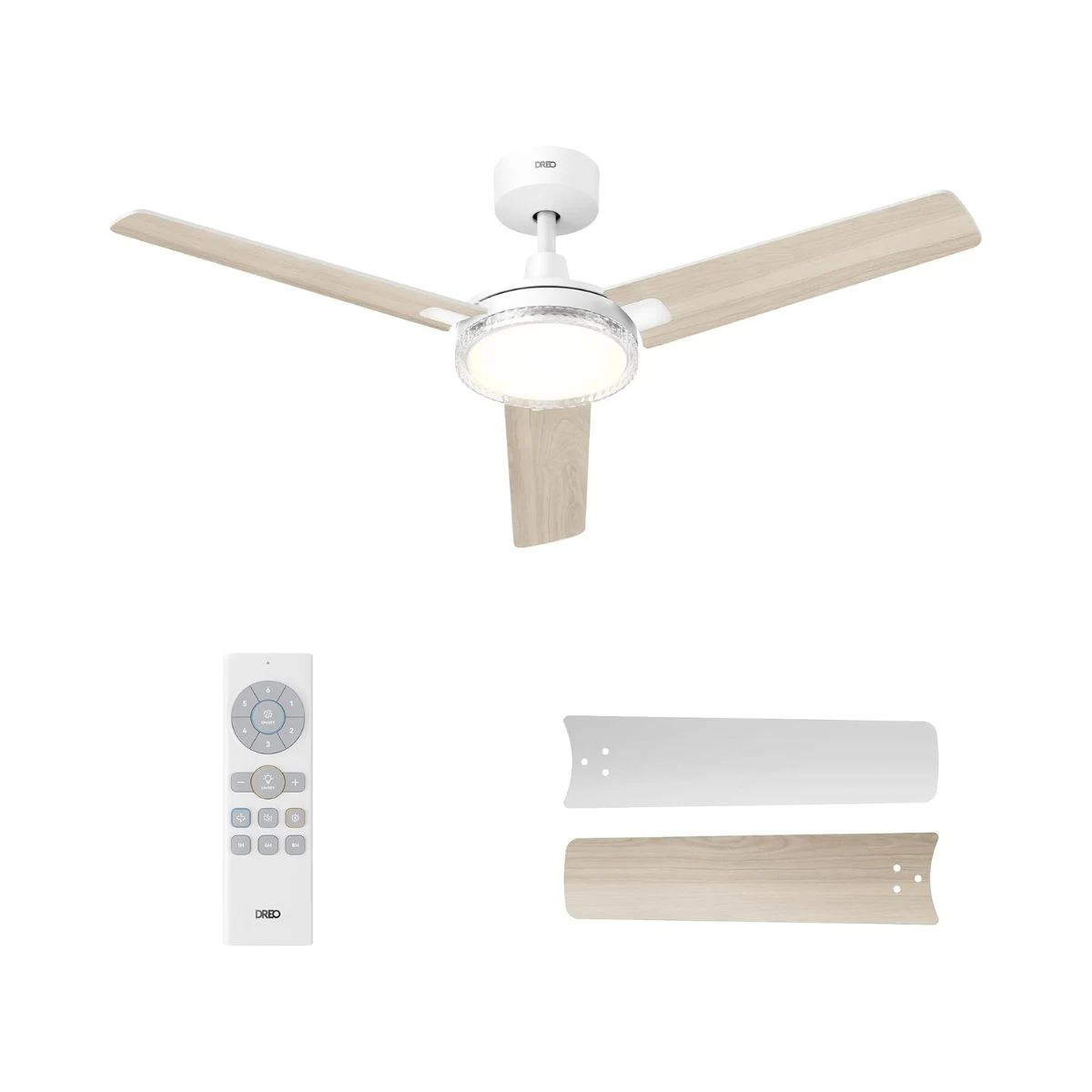 Ventilador de techo DREO de 132 cm con mando, luz regulable y aspas reversibles blancas o efecto madera