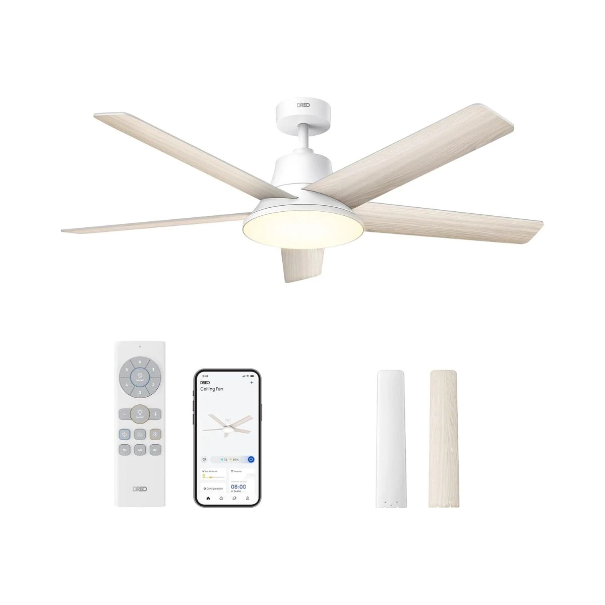 Ventilador de techo inteligente DREO de 132 cm en color blanco madera con mando y app