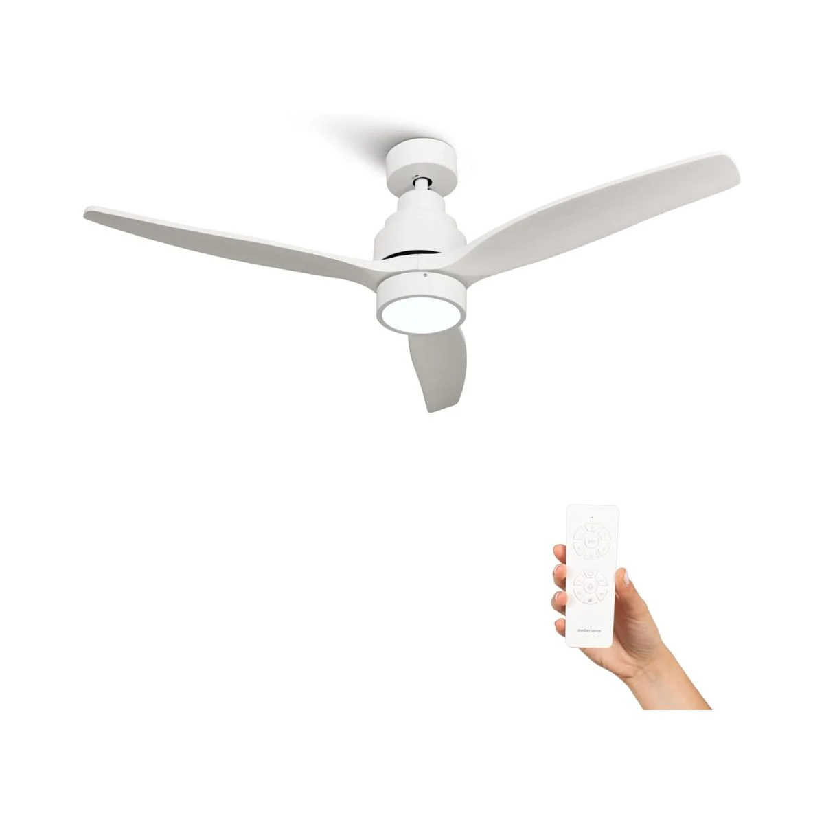 Ventilador de techo Mellerware Brizy Bright blanco con aspas de color claro y mando a distancia