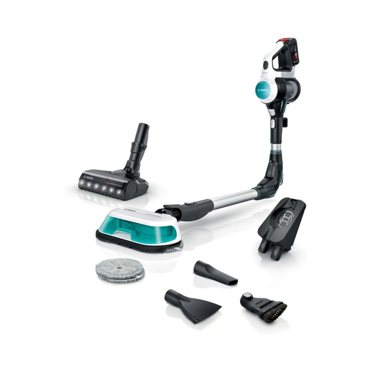 Aspiradora sin cable Bosch Unlimited 7 ProHygienic Aqua blanca con cabezal de fregado y accesorios