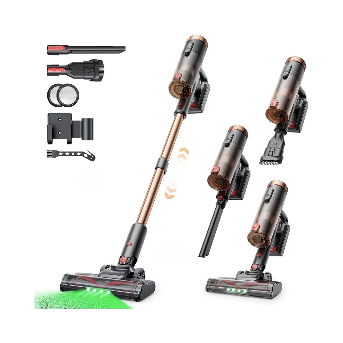 Aspiradora sin cable Proscenic P11 Ultra Plus color cobre con luz verde, tubo telescópico y accesorios