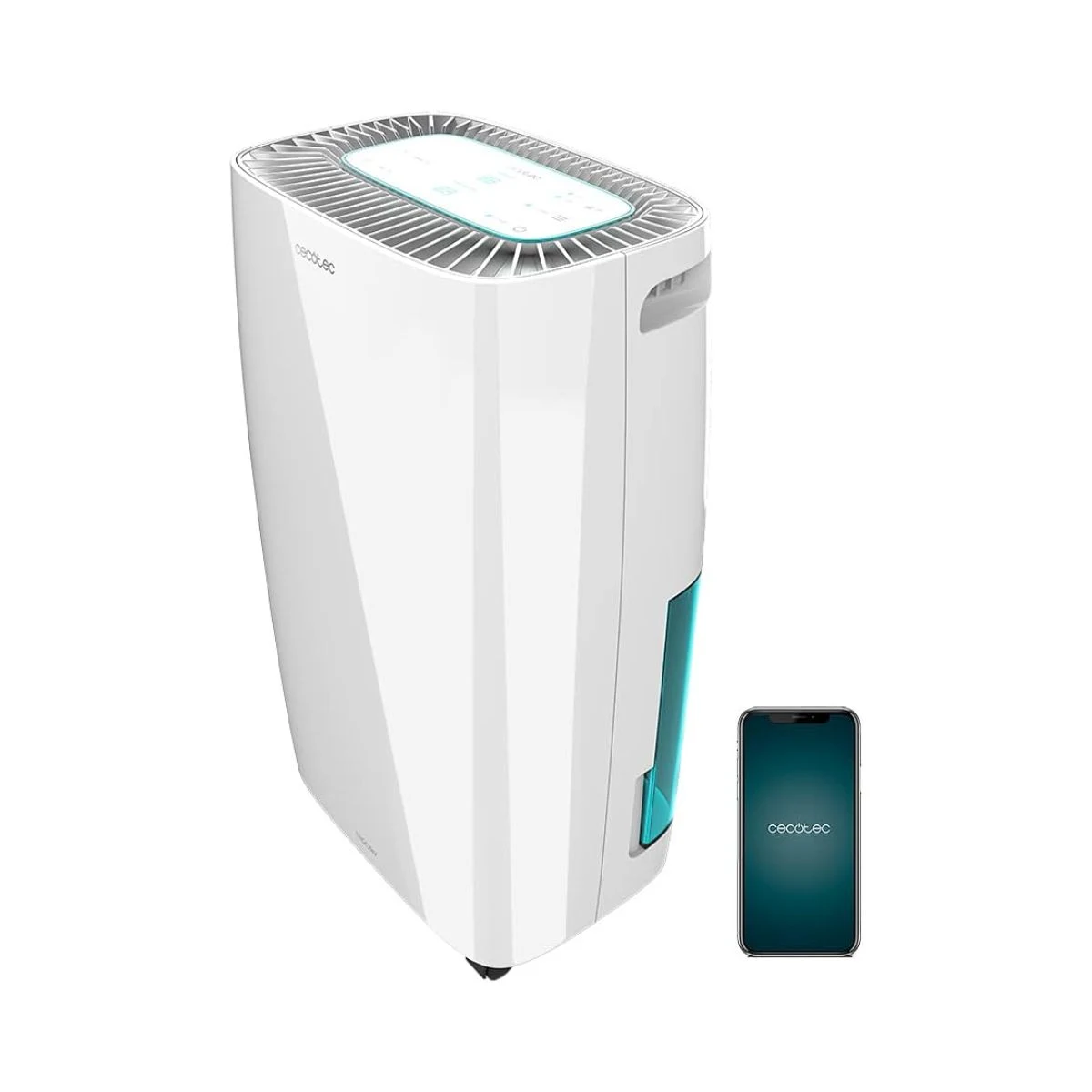 Deshumidificador Cecotec BigDry 4000 Expert Connected blanco junto a un teléfono móvil