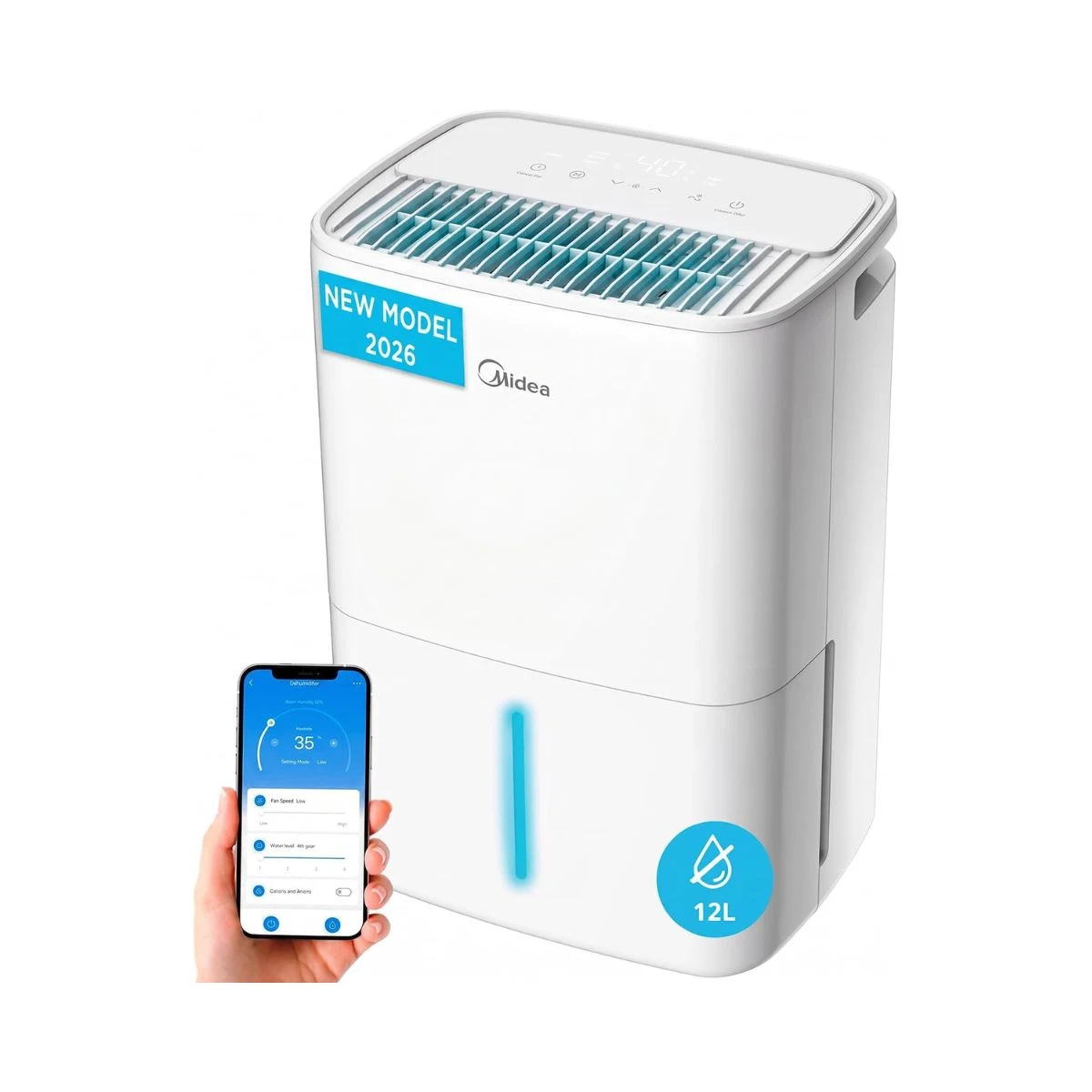 Deshumidificador Midea DO-12 blanco con aplicación móvil y etiqueta 12 L