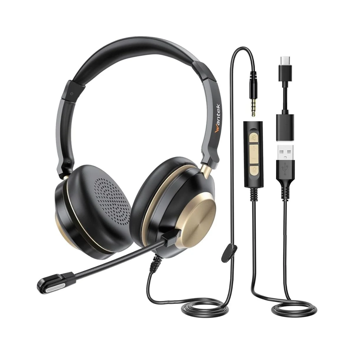 Auriculares Wantek con cable, micrófono de brazo, controles integrados y adaptadores USB