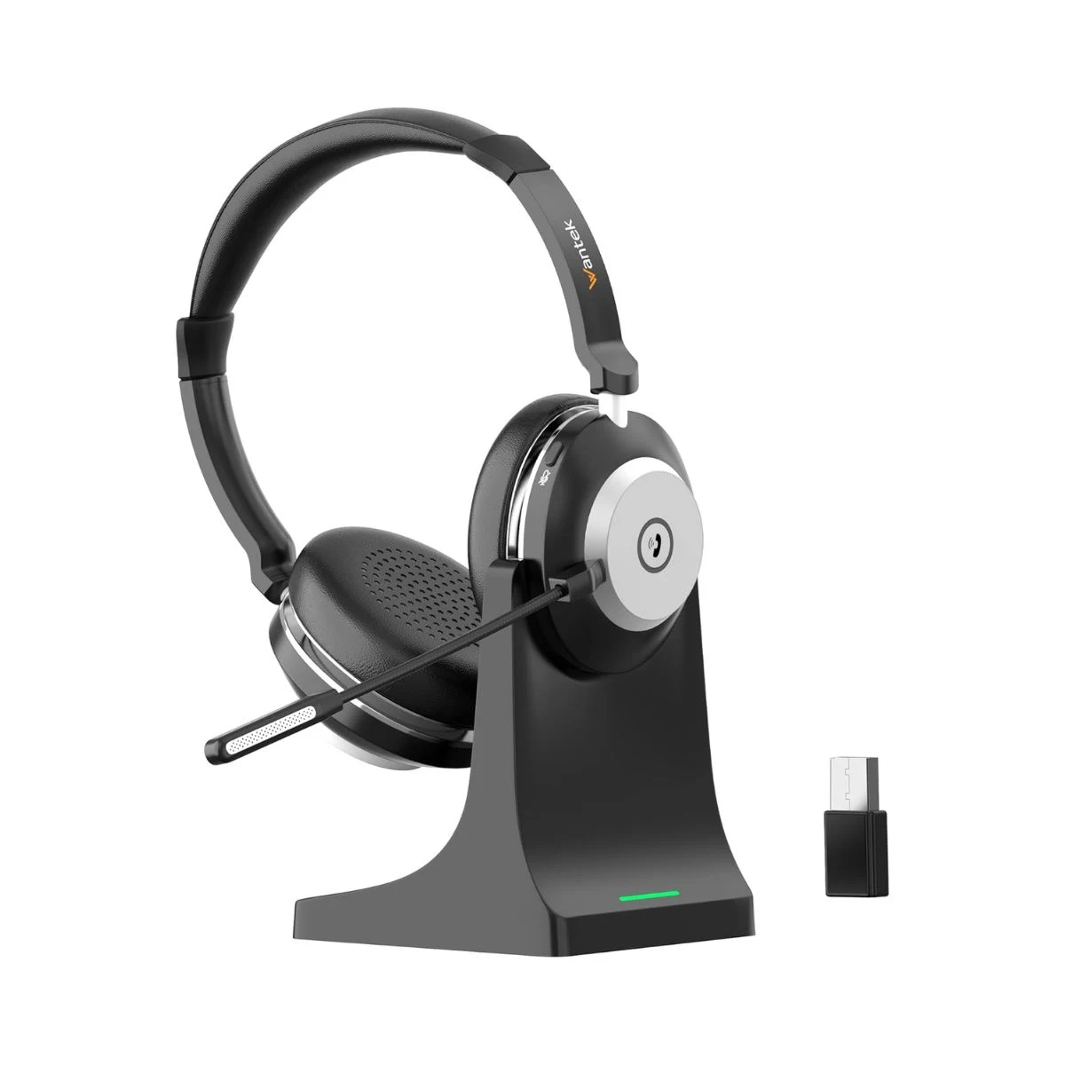 Auriculares inalámbricos Wantek negros con micrófono, estación de carga y dongle USB
