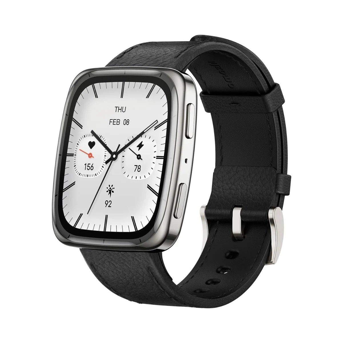 Smartwatch Amazfit Active 2 Square con caja plateada y correa negra de cuero
