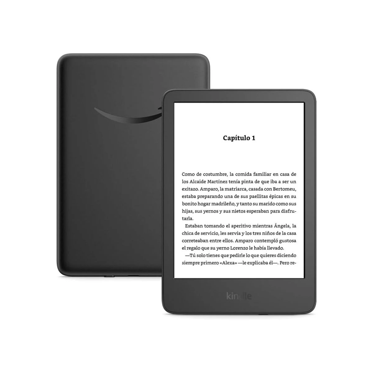 Amazon Kindle negro de 2024 mostrando una página de libro junto a su parte trasera