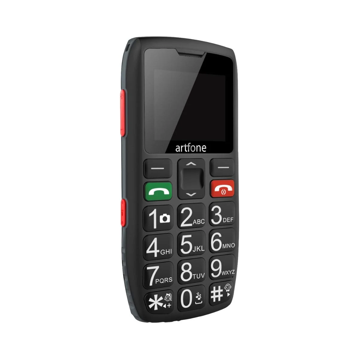 Teléfono móvil artfone C1 negro con teclas grandes, botones de llamada y botón SOS lateral rojo