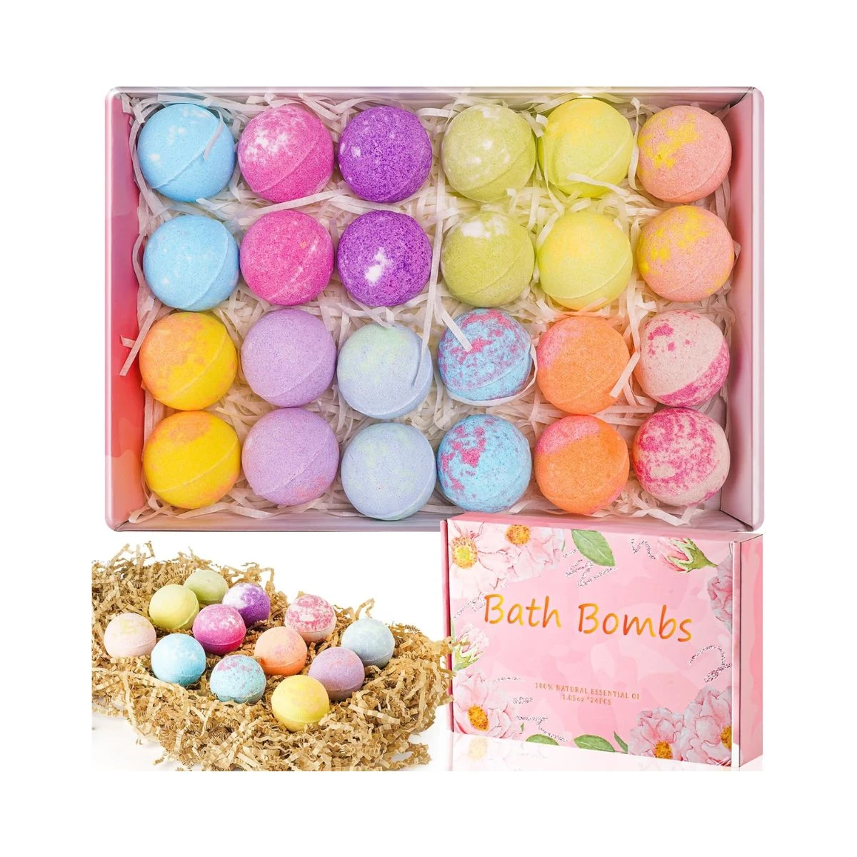Caja rosa con 24 bombas de baño de colores y aceites esenciales para adultos