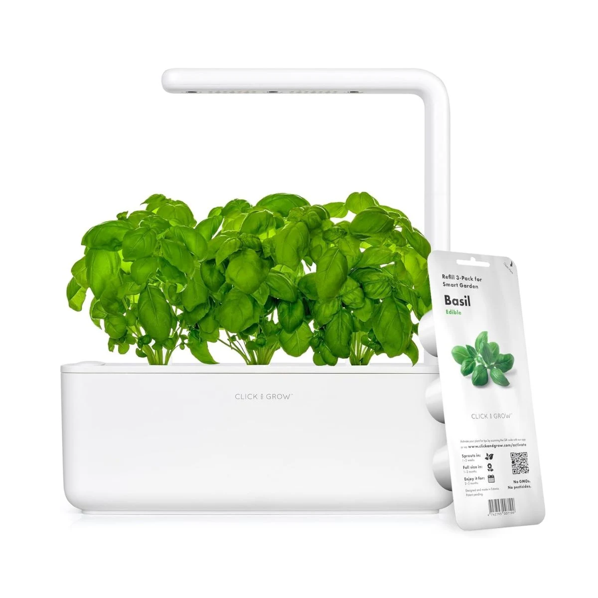 Huerto interior blanco Click and Grow Smart Garden 3 con plantas de albahaca y cápsulas