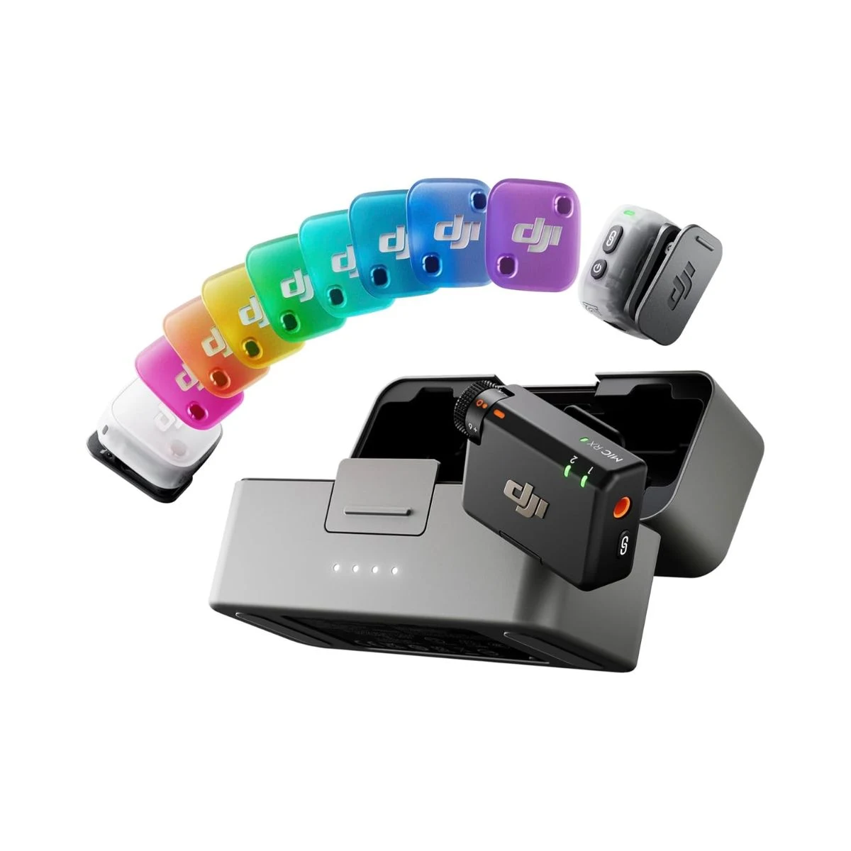 Sistema inalámbrico DJI Mic Mini 2 con dos transmisores, receptor, estuche de carga y cubiertas de colores