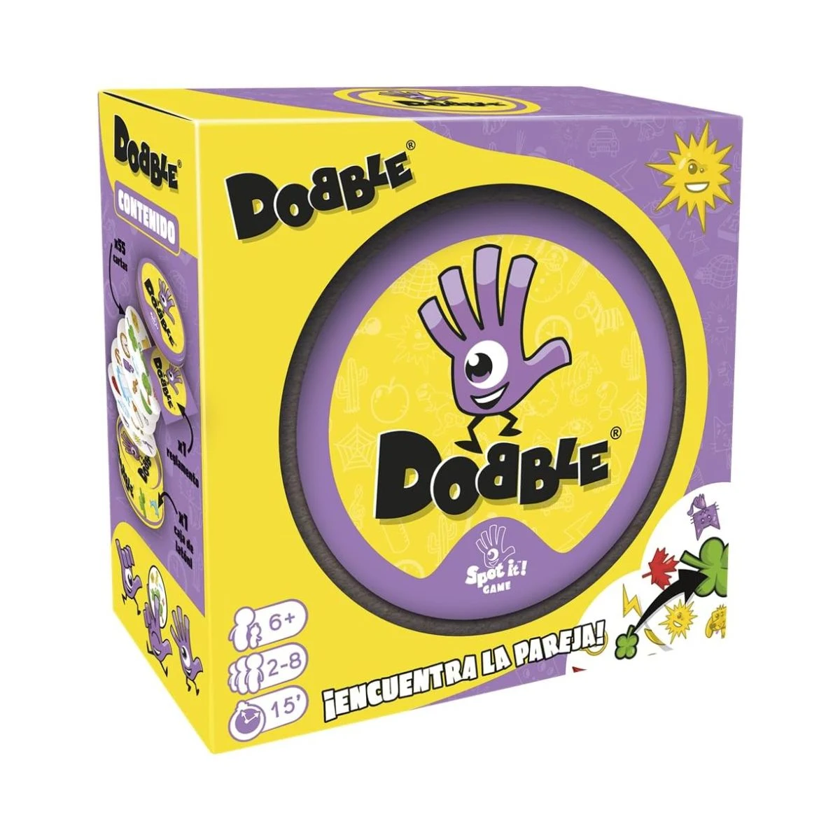 Caja amarilla y morada del juego de cartas Dobble Classic en español
