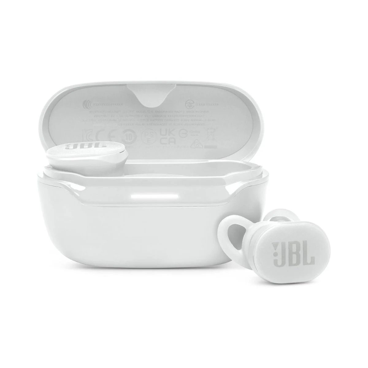 Auriculares deportivos JBL Endurance Race 2 blancos con estuche de carga abierto