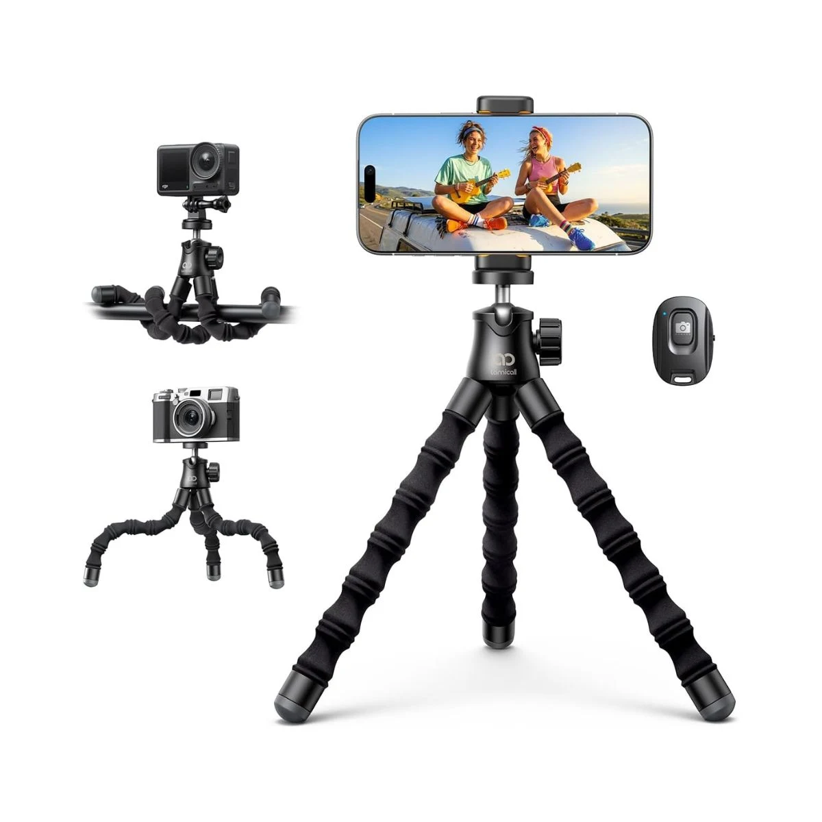 Trípode flexible Lamicall negro con soporte para móvil, adaptadores para cámara y mando remoto
