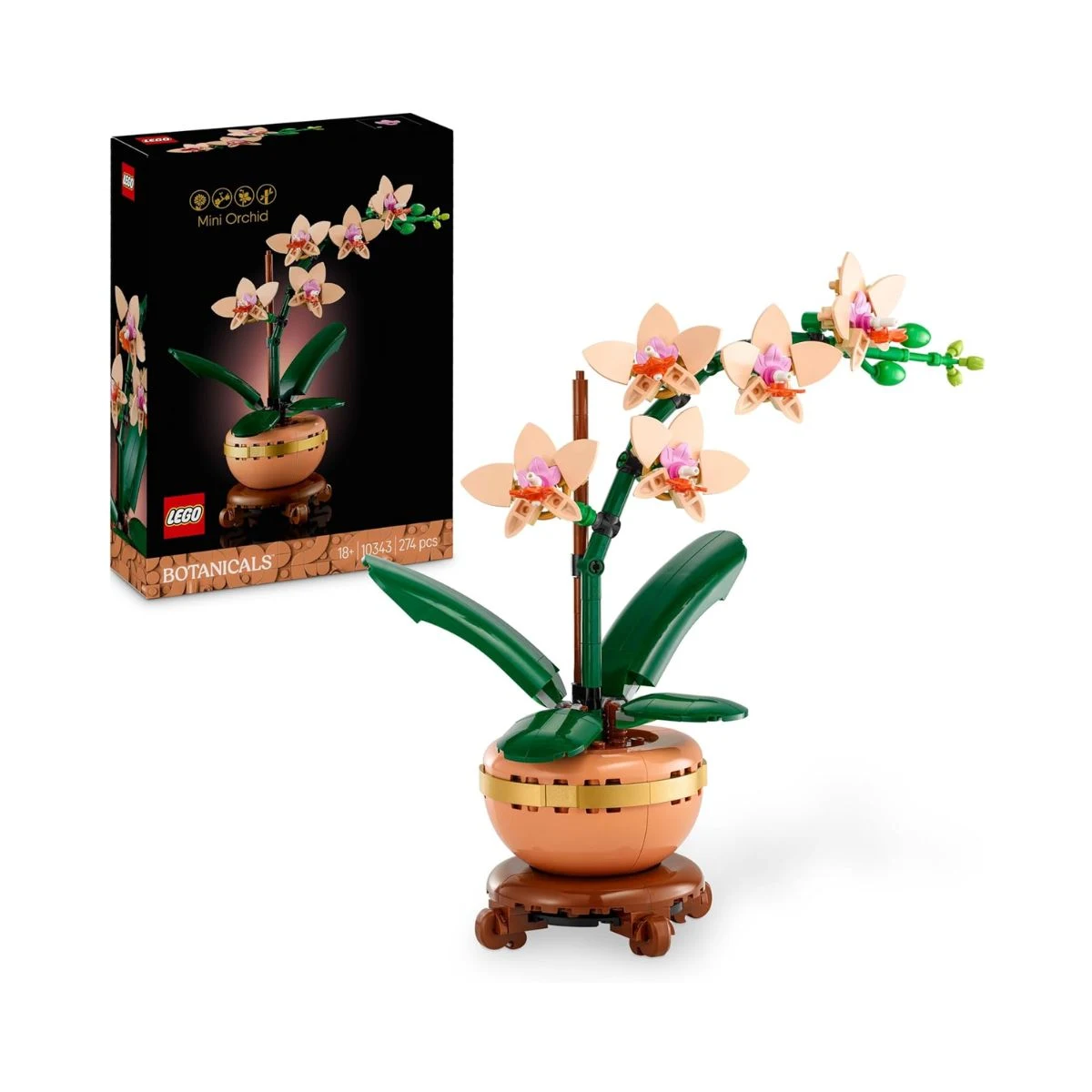 Set LEGO Botanicals Mini Orchid 10343 con caja, maceta y orquídea construida