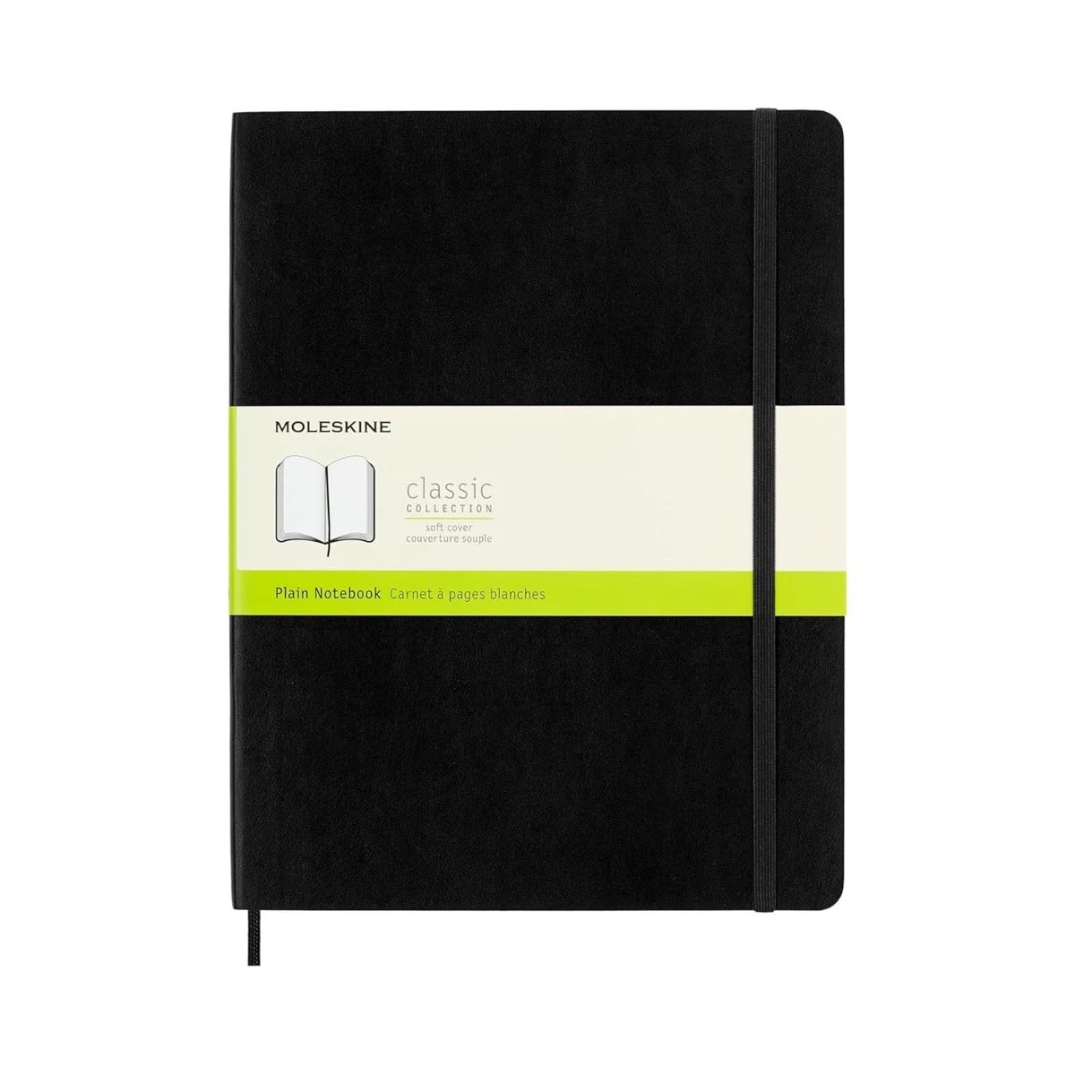 Cuaderno Moleskine Classic XL negro de tapa blanda y páginas lisas con banda de papel