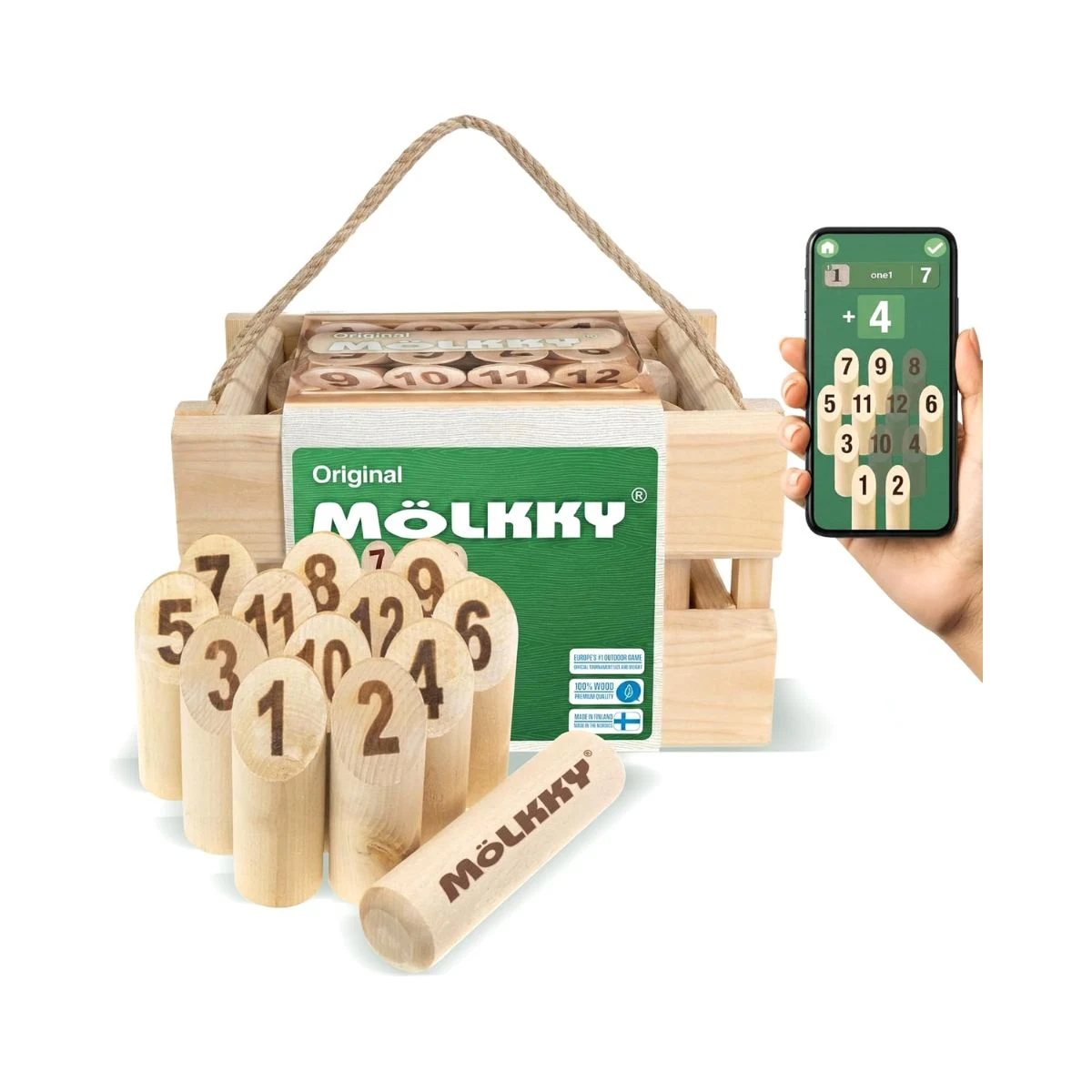 Juego Mölkky Original de madera con bolos numerados, lanzador y caja