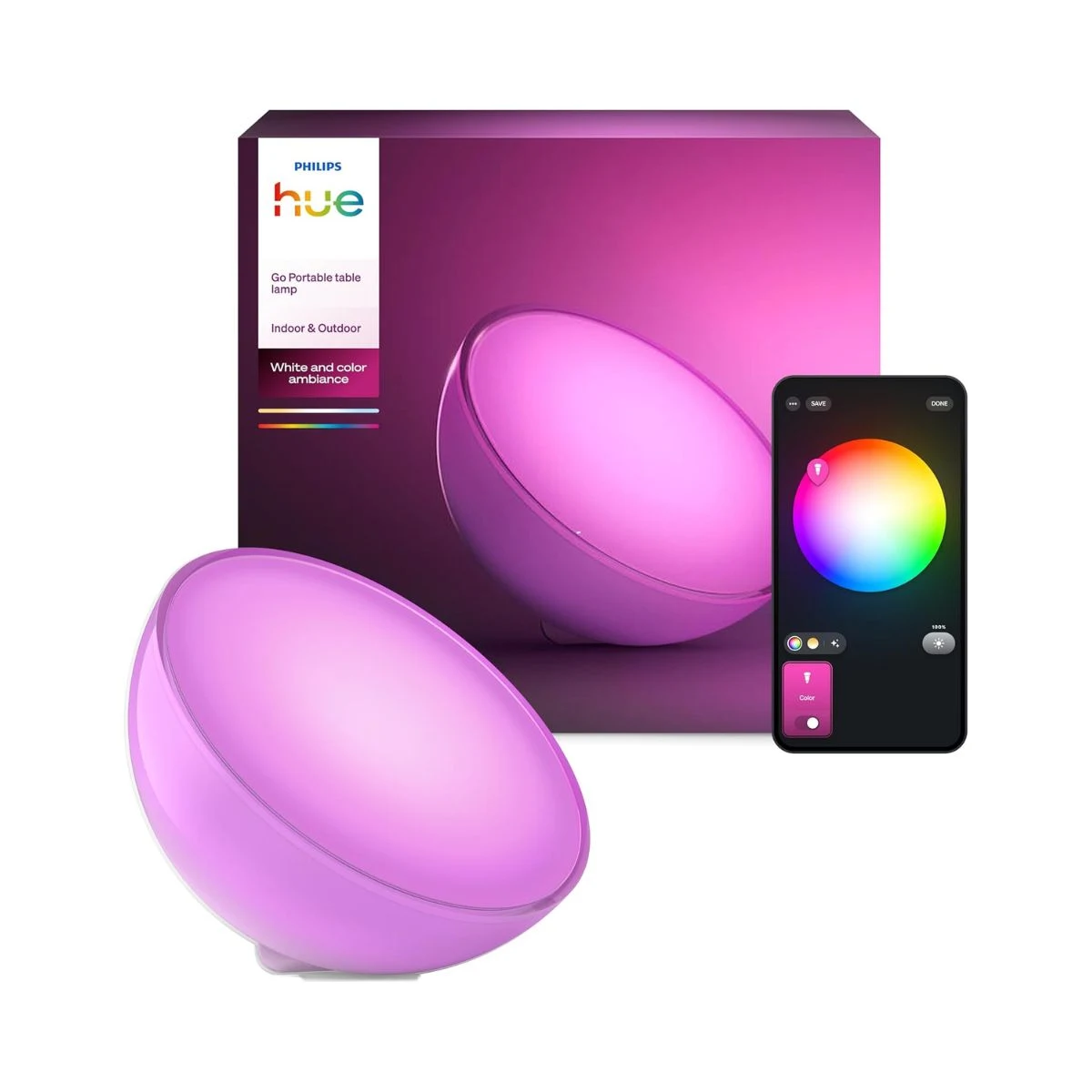 Lámpara ambiental portátil Philips Hue Go con luz de color, caja y control desde móvil