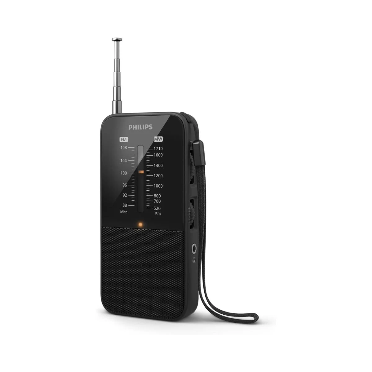 Radio portátil Philips TAR1509 negra con antena telescópica, escala FM y AM y correa