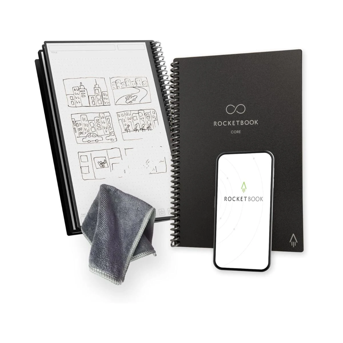 Cuaderno reutilizable Rocketbook Core negro con páginas de puntos, paño y aplicación móvil