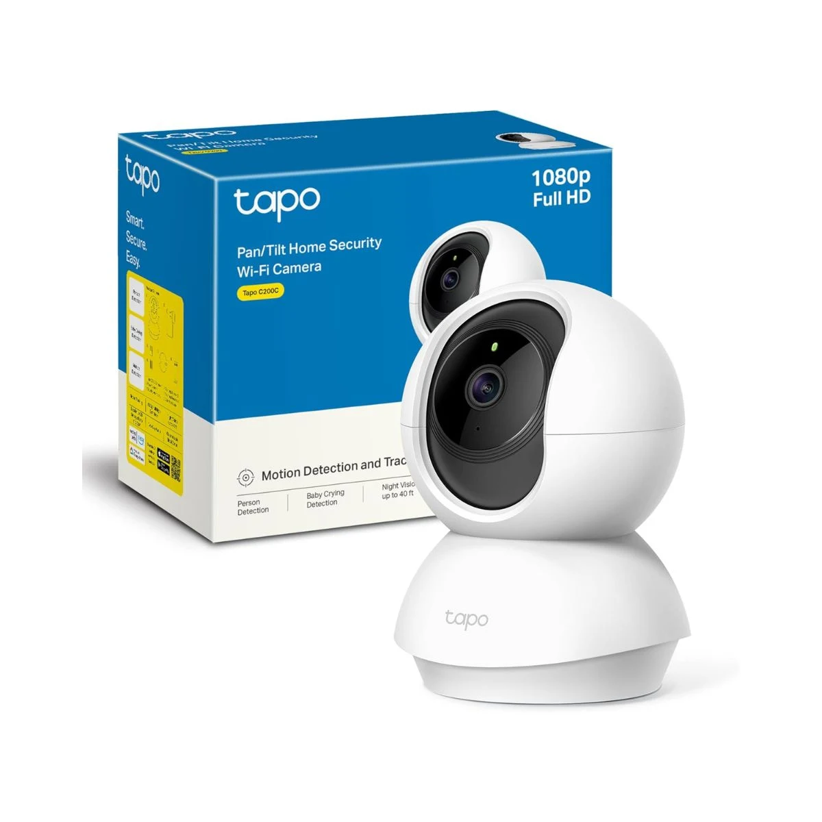 Cámara de vigilancia interior Tapo C200C blanca junto a su caja