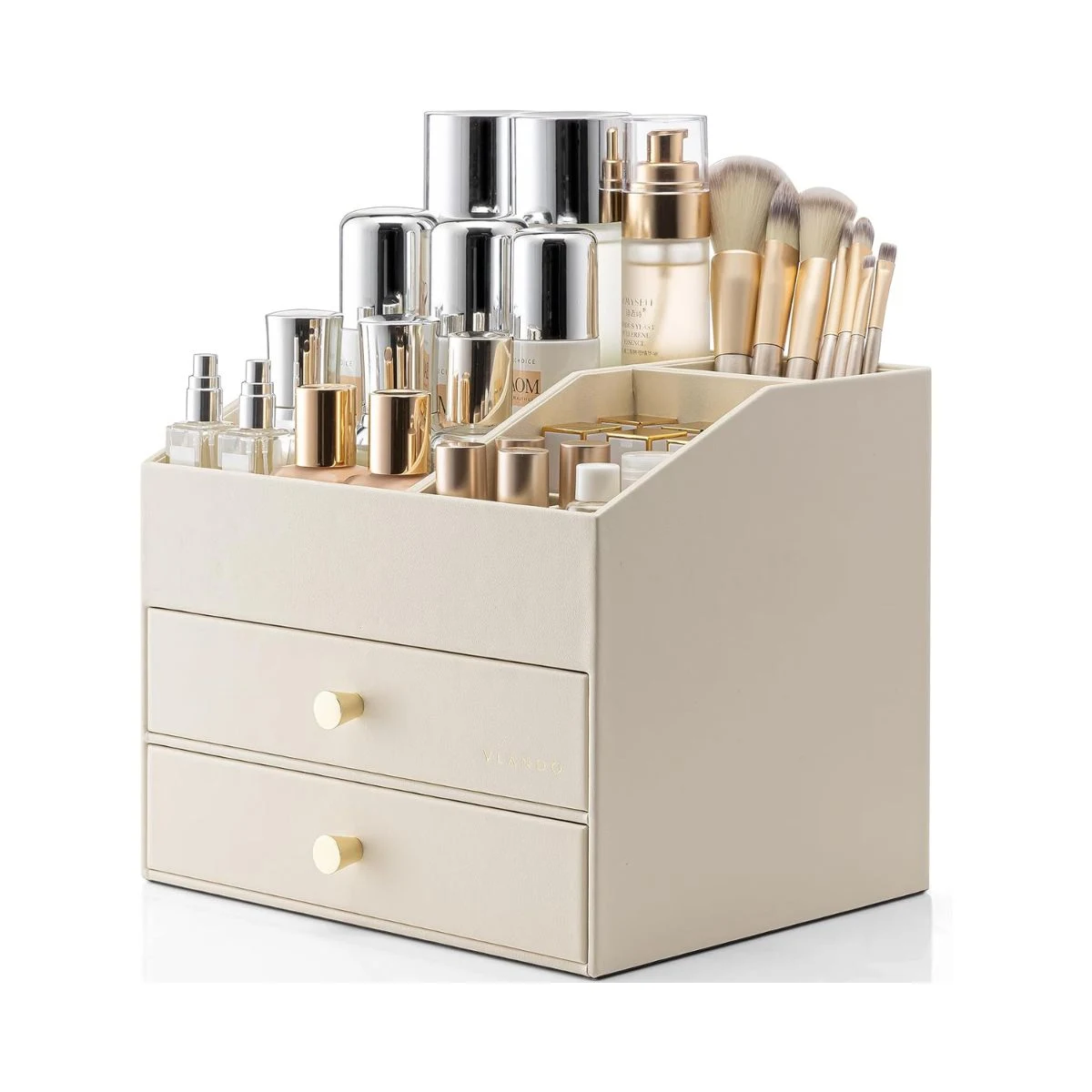 Organizador de maquillaje Vlando beige con dos cajones y compartimentos abiertos; cosméticos no incluidos