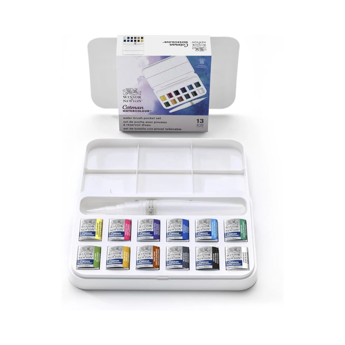 Estuche abierto Winsor y Newton Cotman con doce acuarelas y pincel rellenable