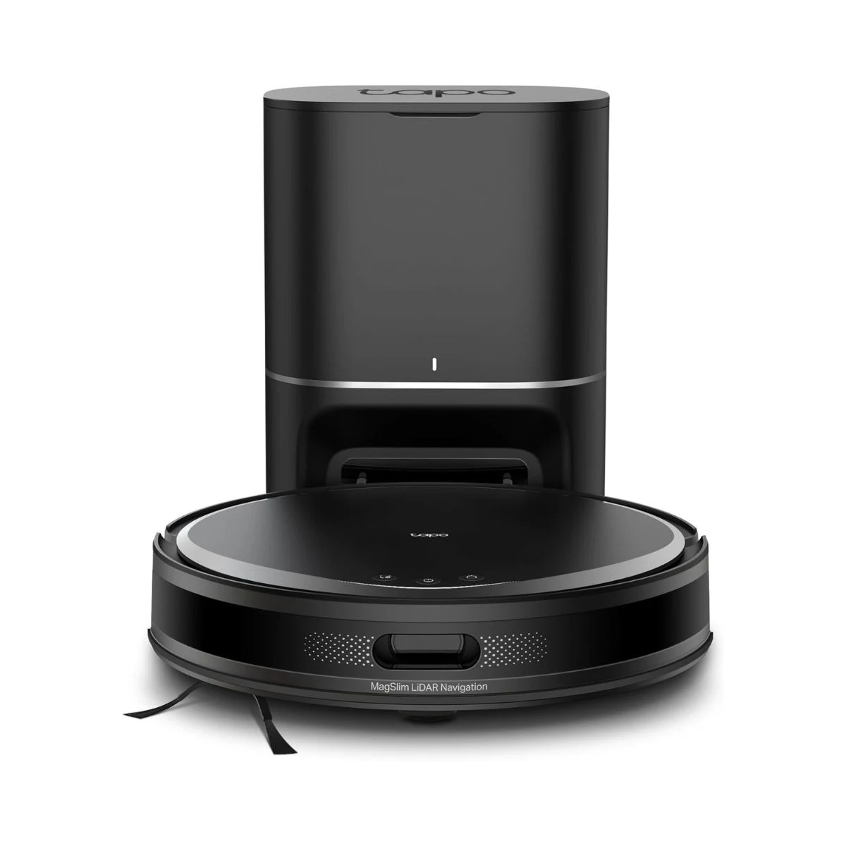 Robot aspirador Tapo RV20 Max Plus negro delante de su base de autovaciado