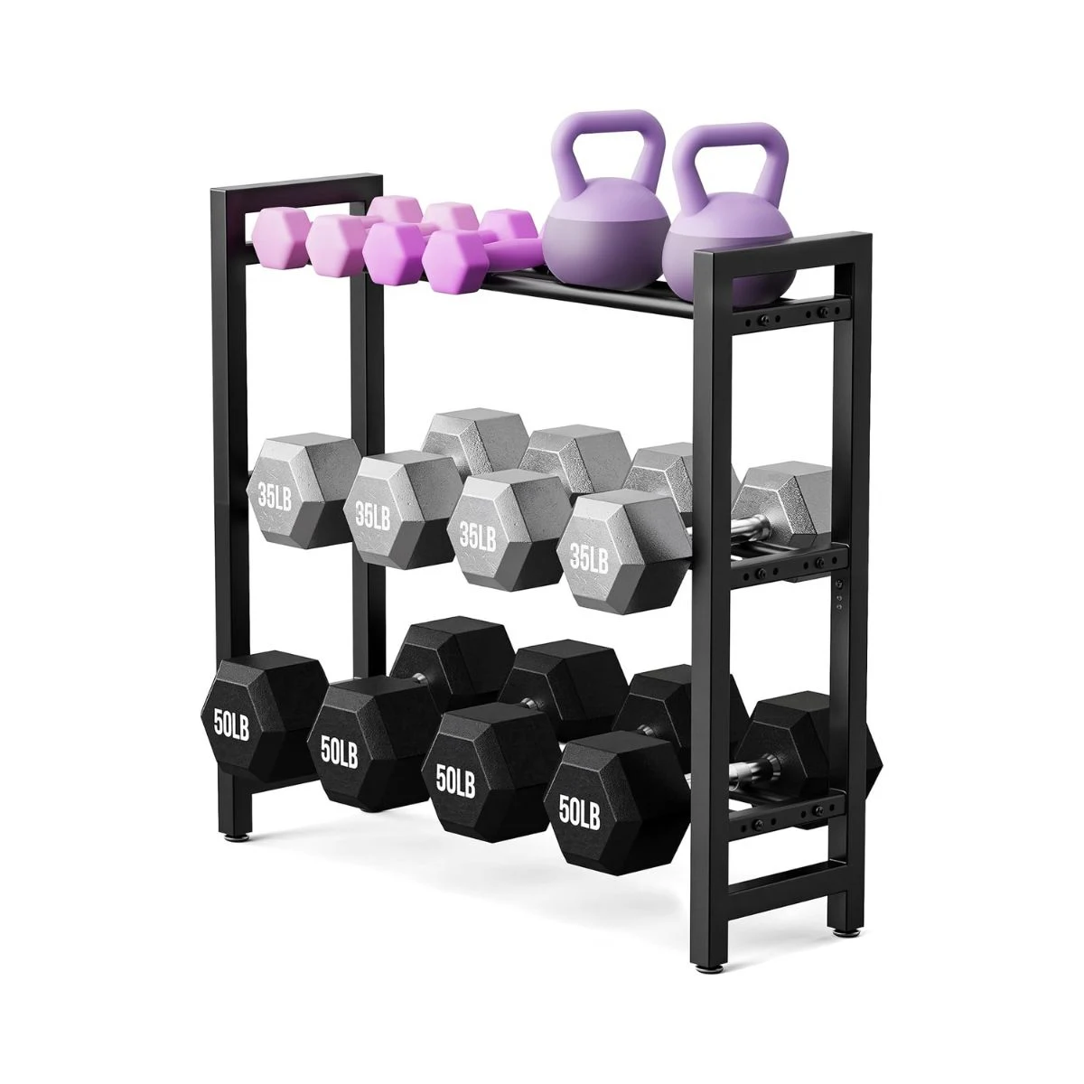 Rack pickpiff de tres niveles para almacenar mancuernas