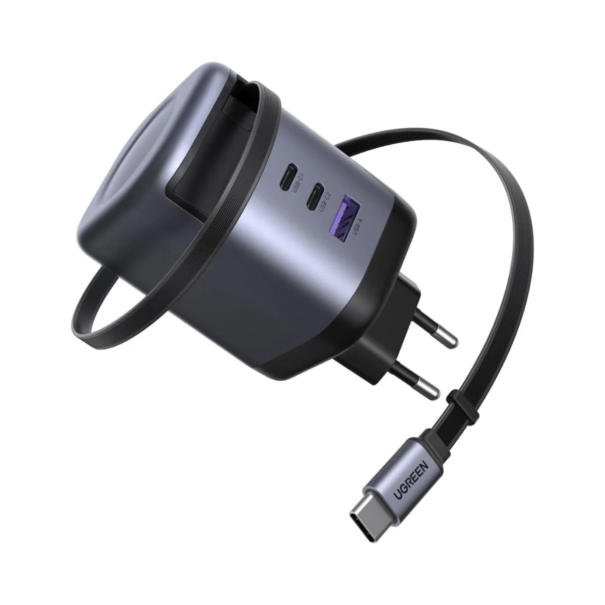 Cargador UGREEN Nexode de 100 W con cable USB-C retráctil integrado y puertos adicionales