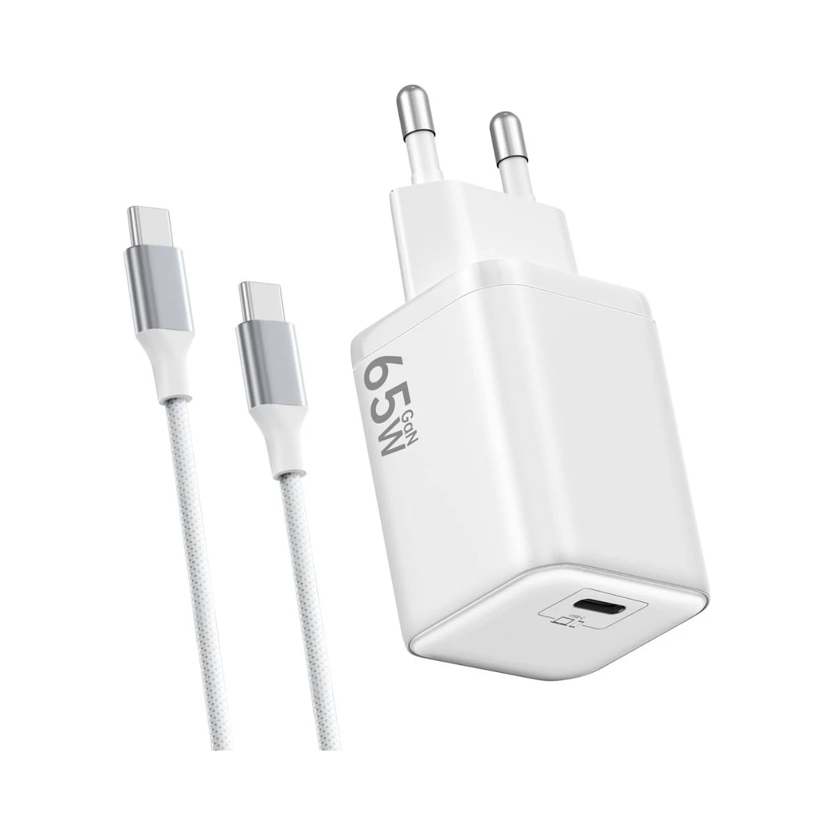 Cargador USB-C GaN II blanco de 65 W con cable USB-C trenzado de dos metros