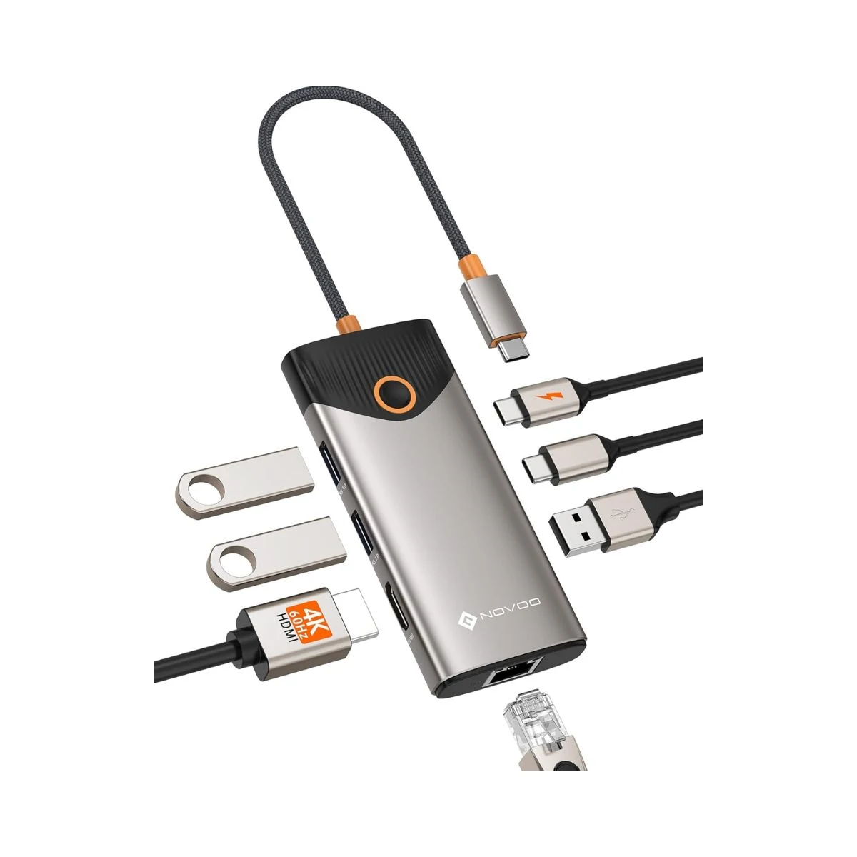Hub USB-C NOVOO de siete puertos con HDMI 4K a 60 Hz, Ethernet y carga Power Delivery