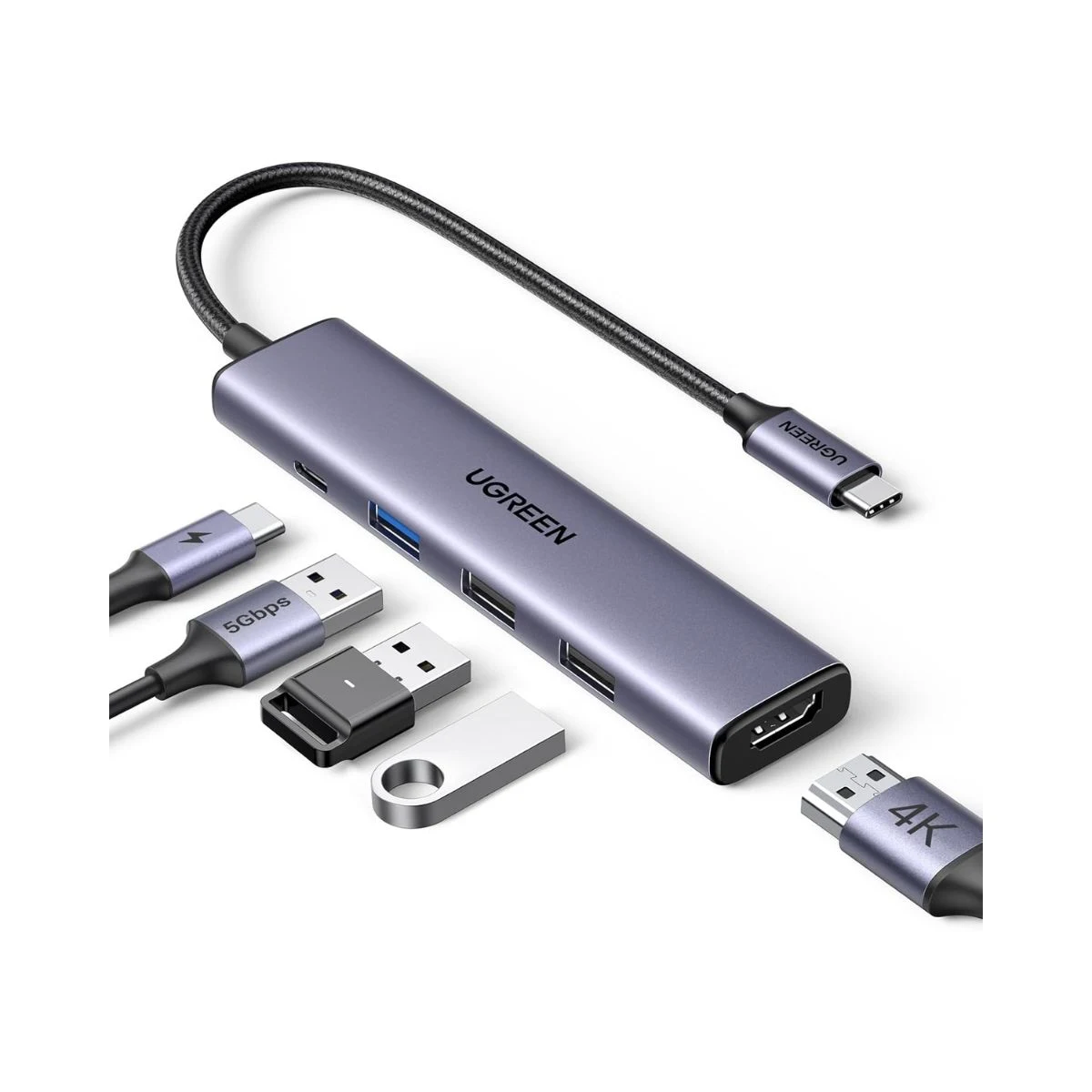 Hub USB-C UGREEN Revodok 105 de cinco puertos con HDMI, carga PD y tres conexiones USB-A