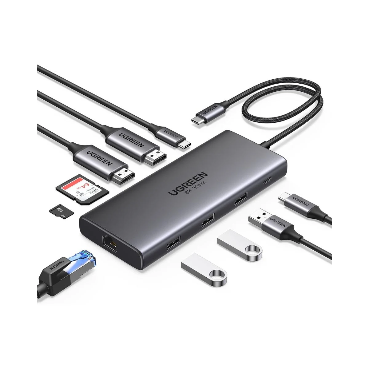 Docking station UGREEN Revodok Pro 210 con dos HDMI, Ethernet, USB, lectores SD y microSD y carga PD