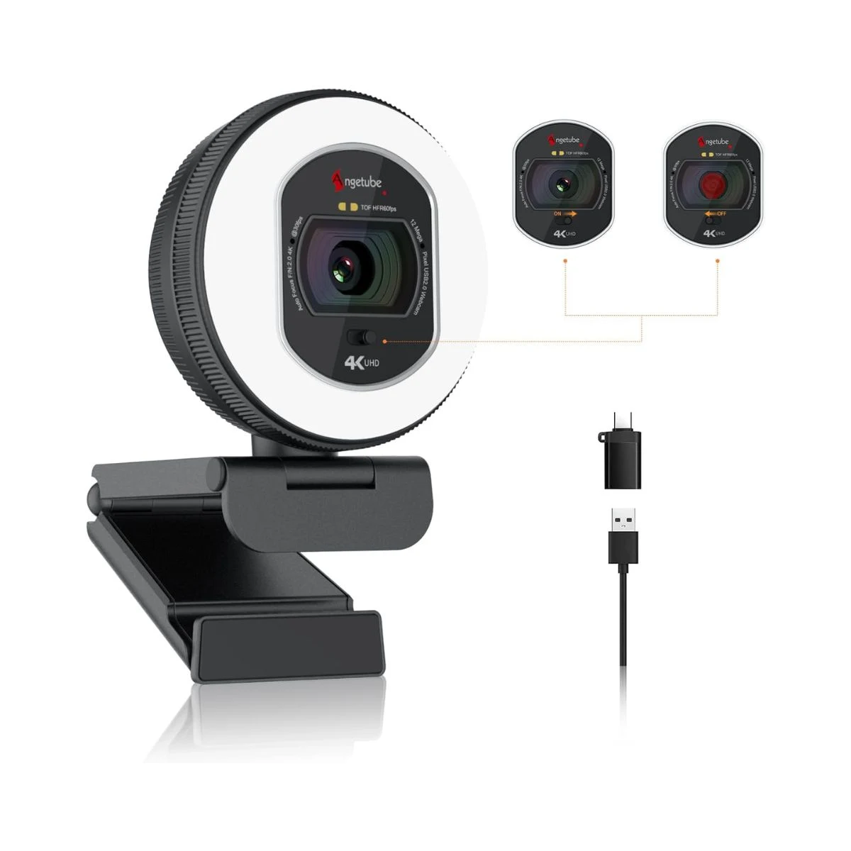 Webcam AngeTube 4K negra con aro de luz integrado, tapa de privacidad y soporte para monitor